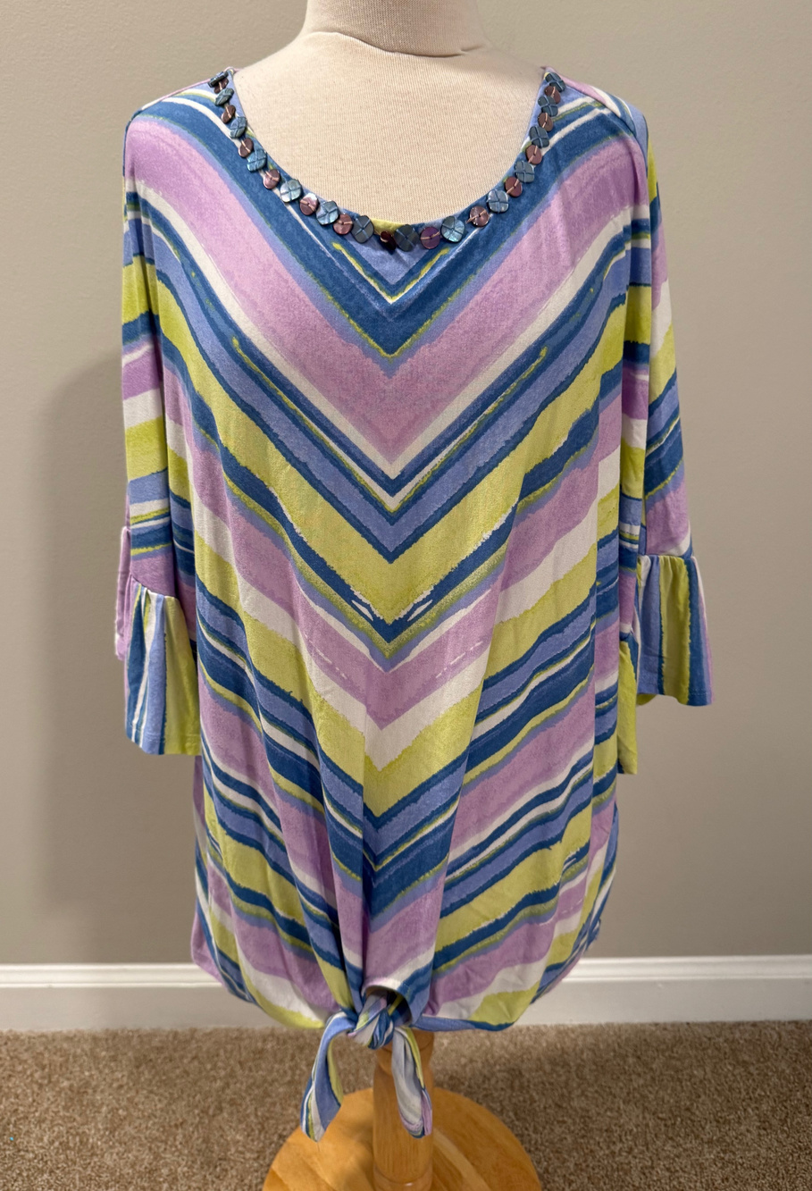 Ruby Rd Woman 2X Blouse Purple Lime Chevron Beaded Neck Bell Sleeve Front Tie